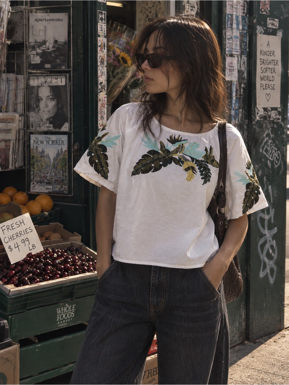 Romeo & Juliet Couture White Crop Top with Green and Aqua Leaf Embroidery
